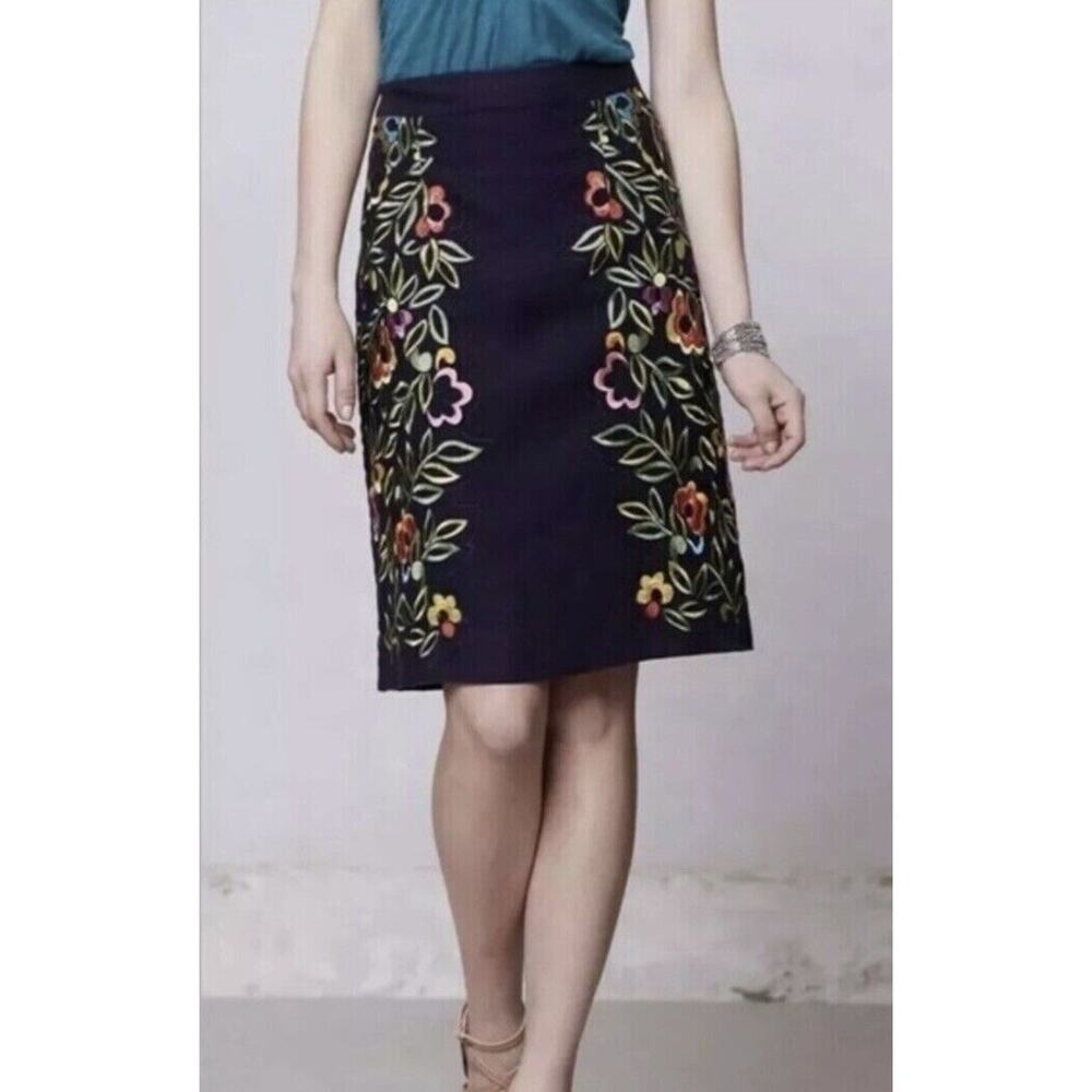 ANTHROPOLOGIE Moulinette Soeurs Embroidered Floral Skirt 100% Linen Size 8